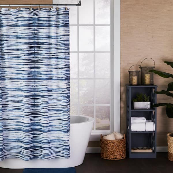 Shibori Stripe 72 In Blue Shower, Blue Shower Curtain With Matching Window Valance