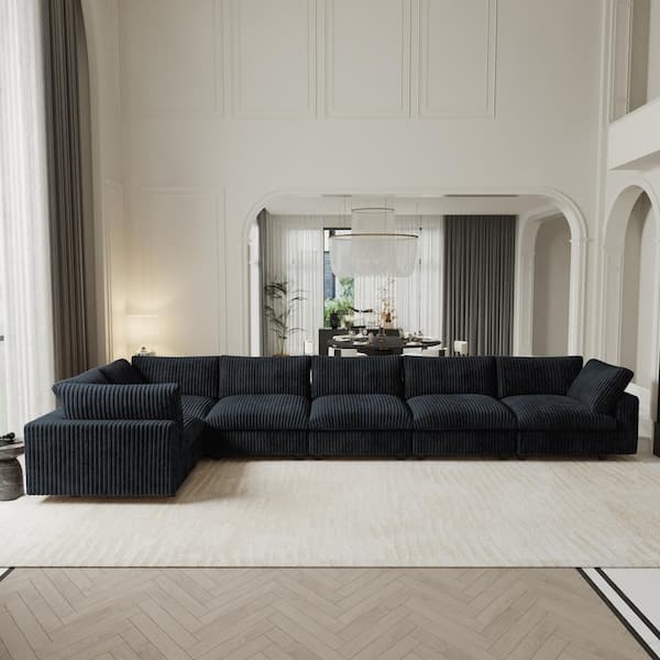 197 in. Square Arm Soft Faux Rabbit Fur Velvet 6-Piece L-Shaped Modern Comfy Cloud Modular Sectional Sofa Couch in Black
