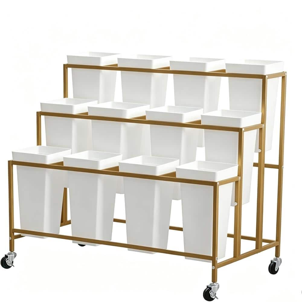 3-Tier Flower Cart Display Stand with 12 Buckets & Wheels, Mobile Florist Rack for Garden, Wedding, Flower Shop, Gold price history on PriceWatchPro