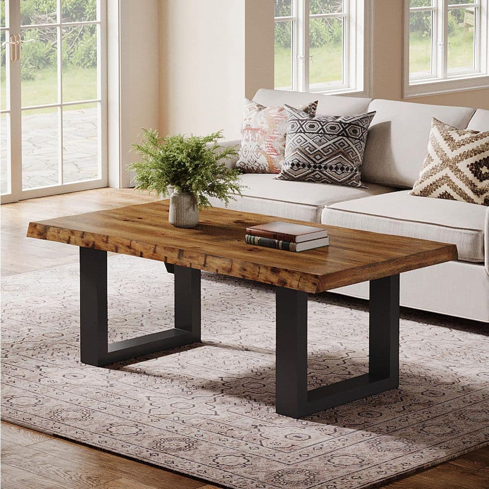 Inaayah 47 in. Brown & Black Rectangle Solid Wood Coffee Table, Industrial Center Table with Metal Base for Living Room