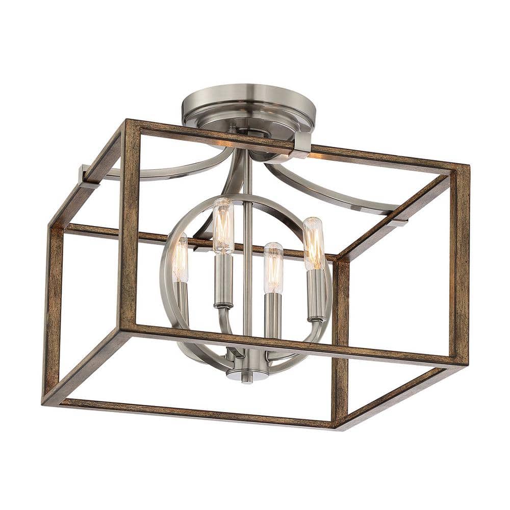 Country Estates 4-Light Sun Faded Wood & Brushed Nickel Semi-Flush Mount