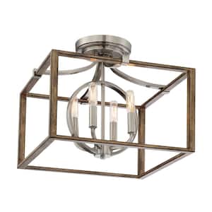 Country Estates 4-Light Sun Faded Wood with Brushed Nickel Semi -Flush Mount