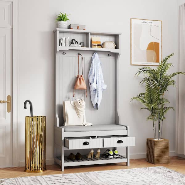 Unbranded 34.5 in. W x 16.5 in. D x 68 in. H Gray Wood Hall Tree with Coat Rack, Seat Cushion and 4-Hooks for Entryways, Hallway