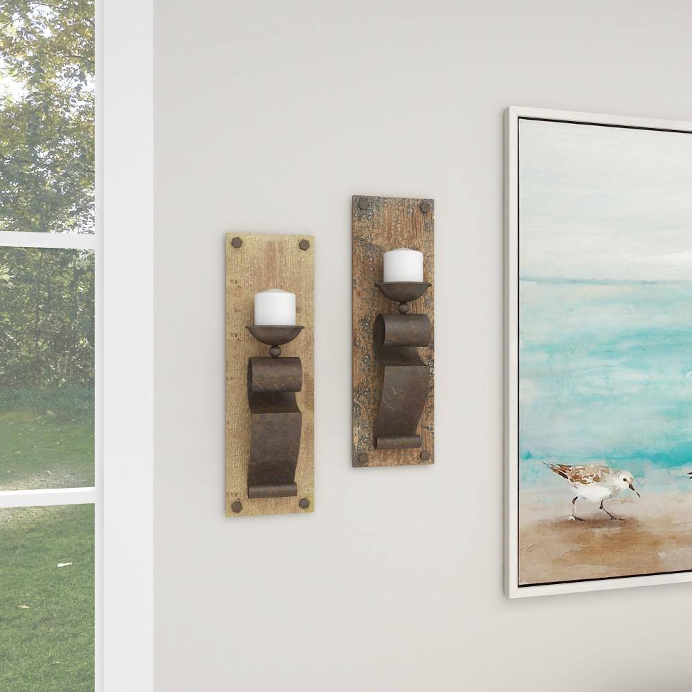 Rustic Distressed Wood & Metal Geometric Wall Sconce, Set of 2