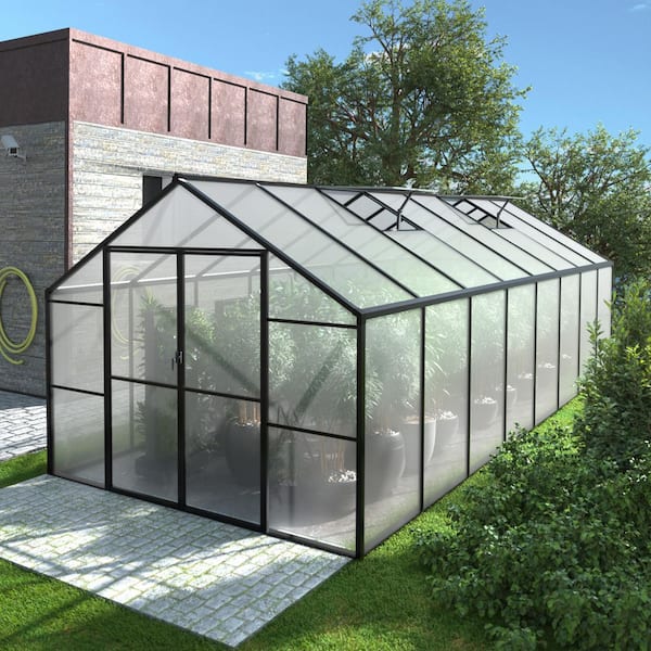 8 ft. W x 16 ft. D Greenhouse Polycarbonate for Outdoors, Green House Kit with 2-Adjustable Roof Vents, Gray