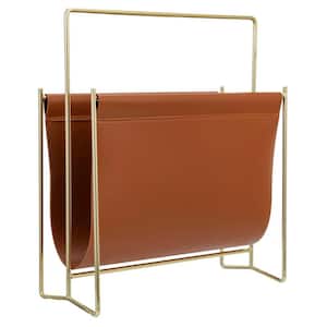 13 inch Modern Caramel Leatherette Magazine Holder Floor Standing Sling Style Rack with Brass Tone Metal Frame