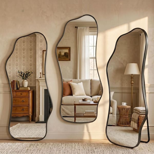 23 in. W x 62 in. H Black Aluminum Alloy Framed Freestanding Full Length Mirror Irregular Wall Mirror