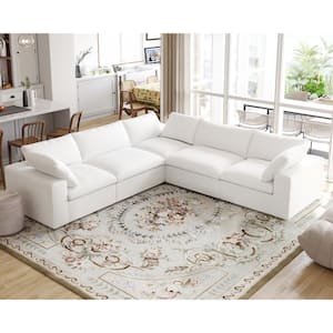 118 in. Square Arm 5-Piece Linen L-shaped Sectional Sofa Corner Cloud Couch in White