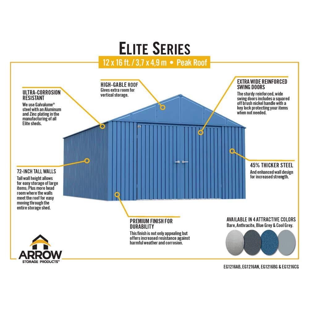 Elite 12' x 16' Anthracite Steel Storage Shed Kit