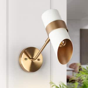 Modern White Wall Sconce with Gold Swivel Joint Coastal 1-Light Damp Rated Bathroom Vanity Light with Metal Shade