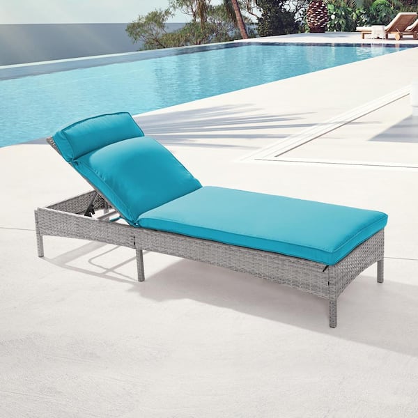 Outdoor Patio Wicker Chaise Lounge Chairs with Adjustable Inclination Angles, Lake Blue Cushion