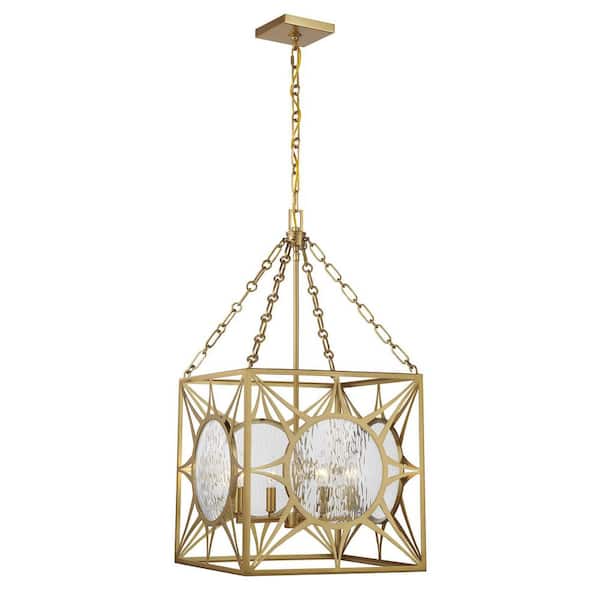 Savoy House Balfour 4-Light Warm Brass Transitional Glam Pendant with Circular Clear Water Glass Panes