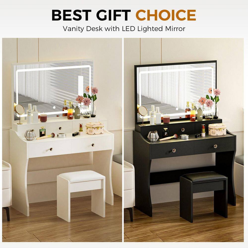 Makeup Vanity Desk with 3-Color Modes Adjustable Lights Vanity Table and Chair Set with Charging Station, White - thumbnail 7