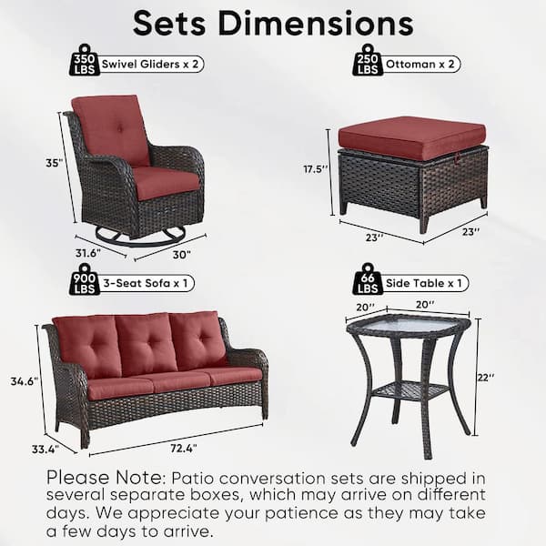 6-Piece Brown Wicker Patio Conversation Set with Olefin Red Cushions and Swivel Glider Chairs/Couch
