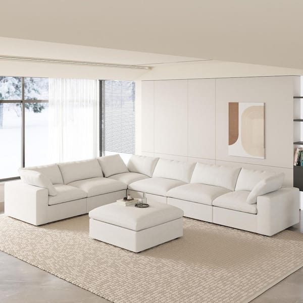 160.6 in. Square Arm Linen 7-Piece Modular Free Combination Sectional Sofa with Ottomanr in White