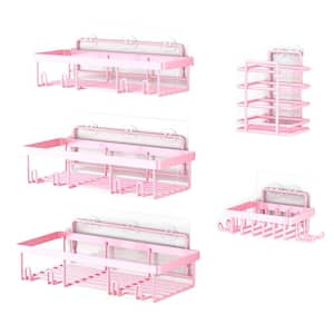 5-Piece Shower Caddy Basket Set in Pink, Wall Mounted Organizer Rack Storage for Bathroom, Kitchen