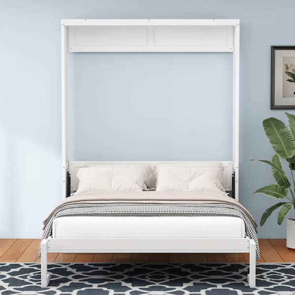 White Wood Frame Queen Size Murphy Bed with Desk Combo