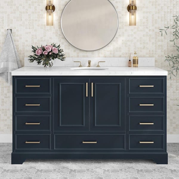 ARIEL Stafford 60 in. W x 22 in. D x 36 in. H Single Freestanding Bath Vanity in Midnight Blue with Carrara White Quartz Top