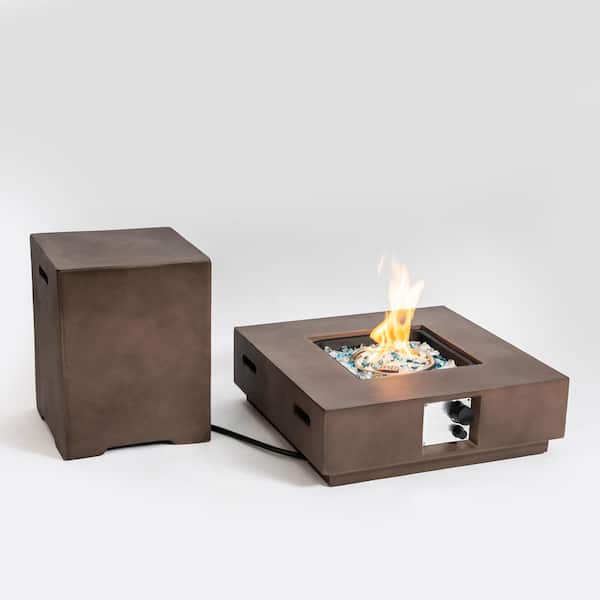 Unbranded Brown Square Stainless Steel and Concrete Outdoor Fire Pit Table with Propane Tank Cover