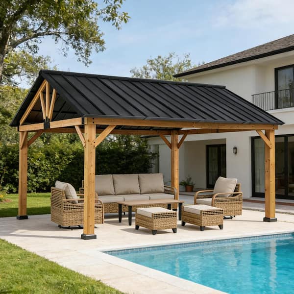 13 ft. W x 11 ft. D Metal Hardtop Gazebo w/ Gable Roof Galvanized Top Cedar Wood Frame All-Weather for Patio Outdoor