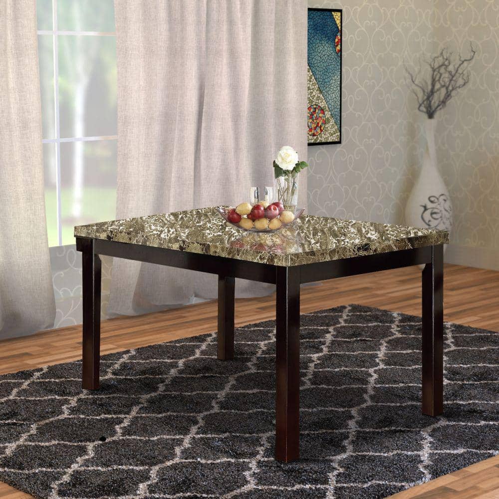 Brown Faux Marble and Pine Wood Rectangular Dining Table