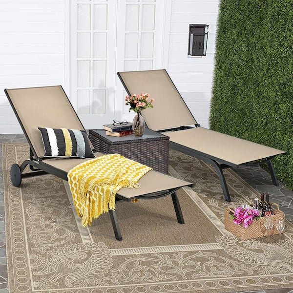 Costway Aluminum Reclining Outdoor Lounge Chair in Brown (2-Pack)