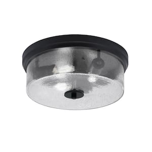 Ashland 14 in. 3-Light Matte Black Flush Mount with Smoke Bubble Glass Shade No Bulbs Included