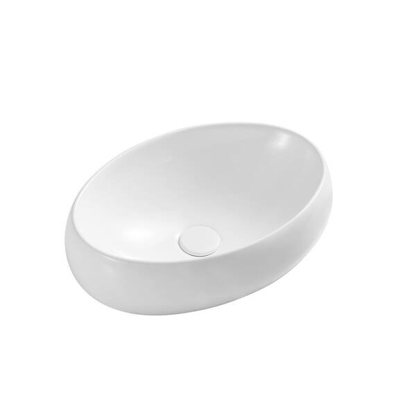 Eridanus Modern Oval Art Basin Sink Ceramic Vessel Sink 19 in. in White with Pop-Up Drain
