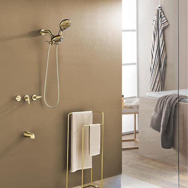 Nestfair Elegant Triple Handles 5 -Spray Shower Faucet 1.8 GPM with Adjustable Handheld and Easy to Install in. Brushed Gold
