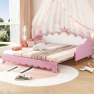 Extendable Pink Twin Size Upholstered Princess Daybed with LED Lights and Crown Design