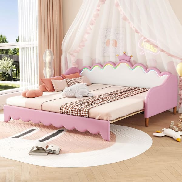 Harper & Bright Designs Extendable Pink Twin Size Upholstered Princess Daybed with LED Lights and Crown Design