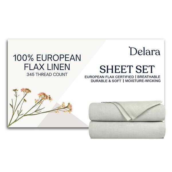 4-Piece Set Light Gray Solid Color 100% European Flex Linen, Queen, Smooth and Breathable, Super Soft Sheet Sets