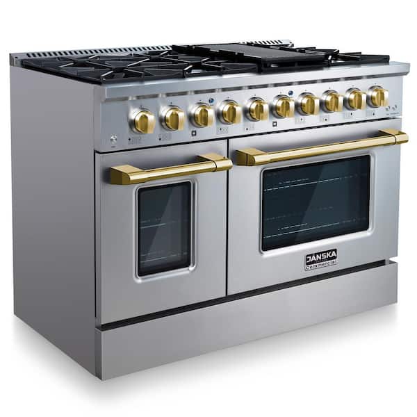 Professional 48 in. Freestanding Dual Fuel Range, 8-Burners, 6.7 cu. ft. Double Oven, Griddle, Stainless Steel w/ Gold