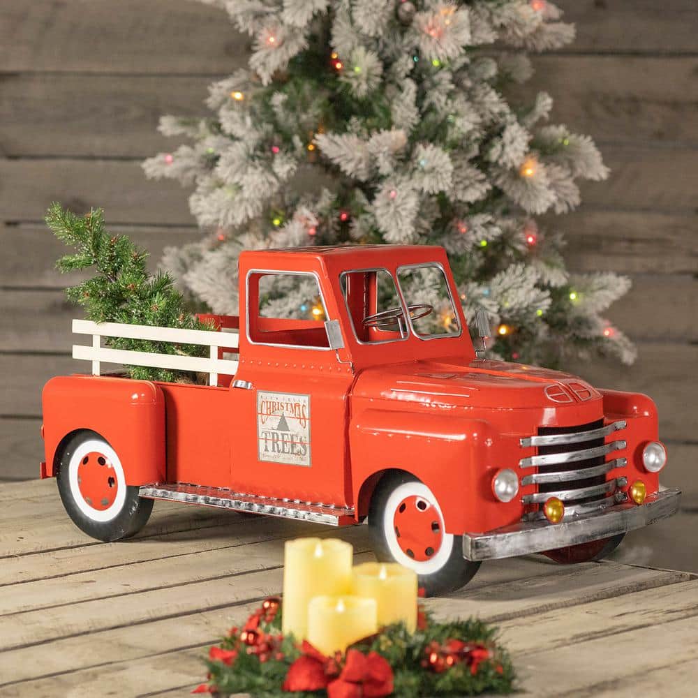 Iron Christmas Old Style Truck with Tree in Glossy Red