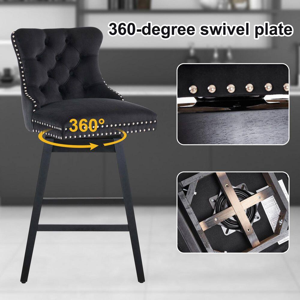 Black Velvet Upholstered Swivel Counter Height Stools with Wood Legs, Set of 4