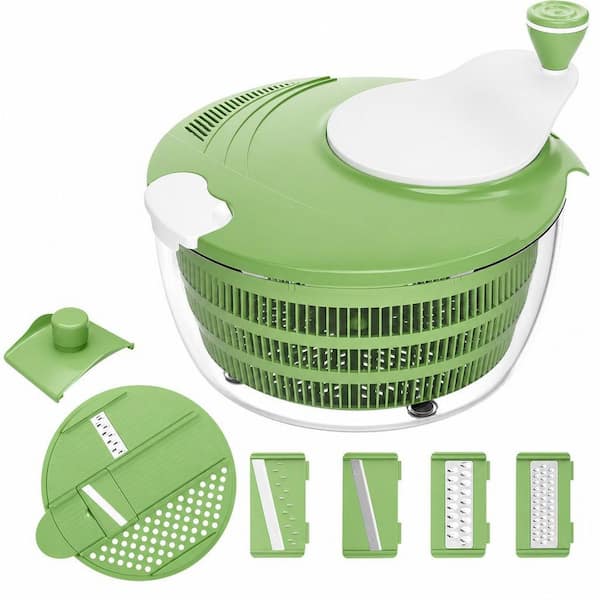 3-in-1 Salad Spinner with 4 Blades (Shred/Slice/Puree), Washer, Dryer and Strainer, 5.3 qt. Non-slip Green