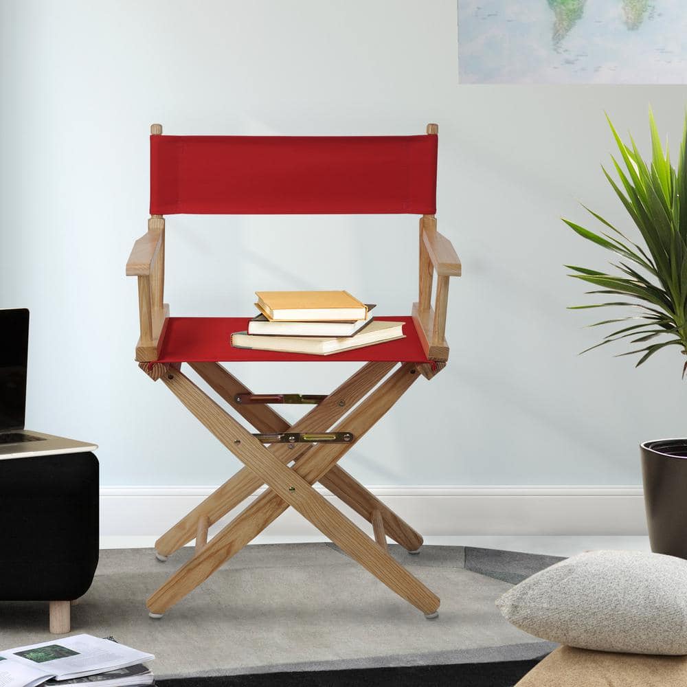 Foldable Classic Director's Chair in Natural Wood with Red Accents