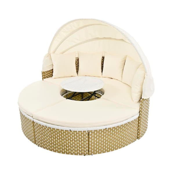 Round Wicker Outdoor Day Bed Separate Seating with Retractable Canopy and Beige Removable Cushions