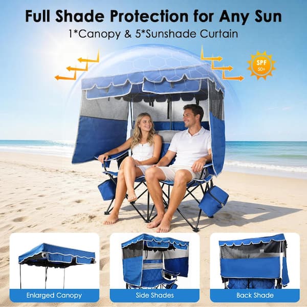 Oversized Double Camping Chair with Adjustable Canopy,660 lbs Capacity, Folding Loveseat Chair w/2 Detachable Coolers