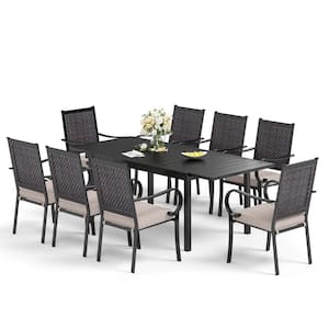 Black 9-Piece Metal Patio Outdoor Dining Set with Expandable Table and Rattan Arm Chairs with Beige Cushion