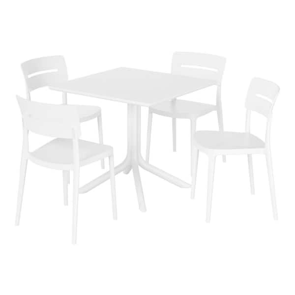 WESTIN OUTDOOR Frond and Form White Plastic All Weather 5-Piece Square Table Modern Outdoor Patio Dining Set w/ 4 Stackable Chairs