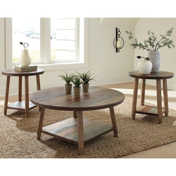 Signature DESIGN BY ASHLEY Raebecki 40 in. Brown/Gray Round MDF Coffee Table with 2-Pieces