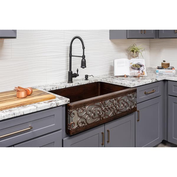 Premier Copper Products All-in-One Dual Mount Copper 33 in. Single Bowl Scroll Kitchen Sink with Faucet in Oil Rubbed Bronze and Nickel