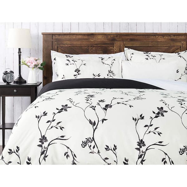 CHANASYA CHANASYA Black Floral Microfiber Reversible Duvet Cover Set, Queen Size