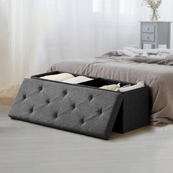 Yangming Simplicity 43 in. Grey Linen Fabric Rectangular Folding Storage Ottoman Bench for Living Room, Entryway