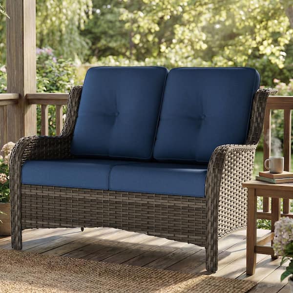 Brown Wicker Outdoor Patio Loveseat 2-Seat Sofa Couch with Blue Cushions