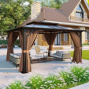 12 ft. x 14 ft. Brown Outdoor Gazebo, Polycarbonate Double Roof Aluminum Frame Gazebo with Curtains and Netting