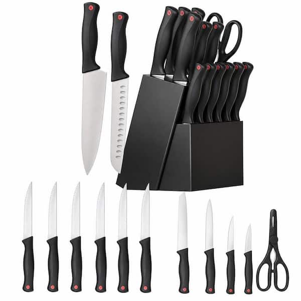 15-Piece Stainless Steel Knife Set with Knife Block and Built-in Sharpener, Black and Silver