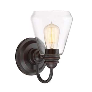 Foundry 6 in. 1-Light Satin Bronze Industrial Wall Sconce with Clear Glass Shade