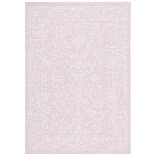 Courtyard Soft Pink/Ivory 7 ft. x 10 ft. Border Floral Scroll Indoor/Outdoor Area Rug
